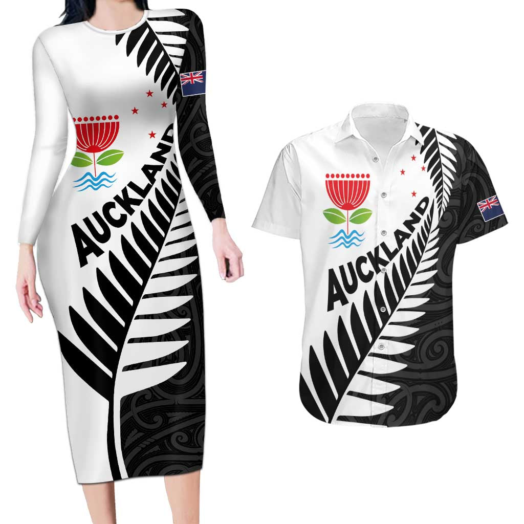 New Zealand Auckland Couples Matching Long Sleeve Bodycon Dress and Hawaiian Shirt Auckland's Emblem and Silver Ferns - Maori Art Tattoo