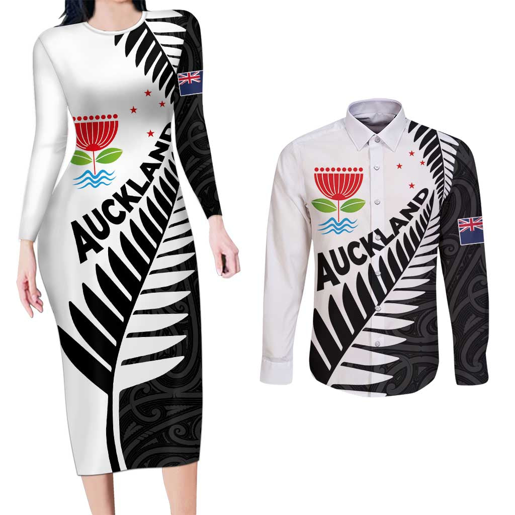 New Zealand Auckland Couples Matching Long Sleeve Bodycon Dress and Long Sleeve Button Shirt Auckland's Emblem and Silver Ferns - Maori Art Tattoo