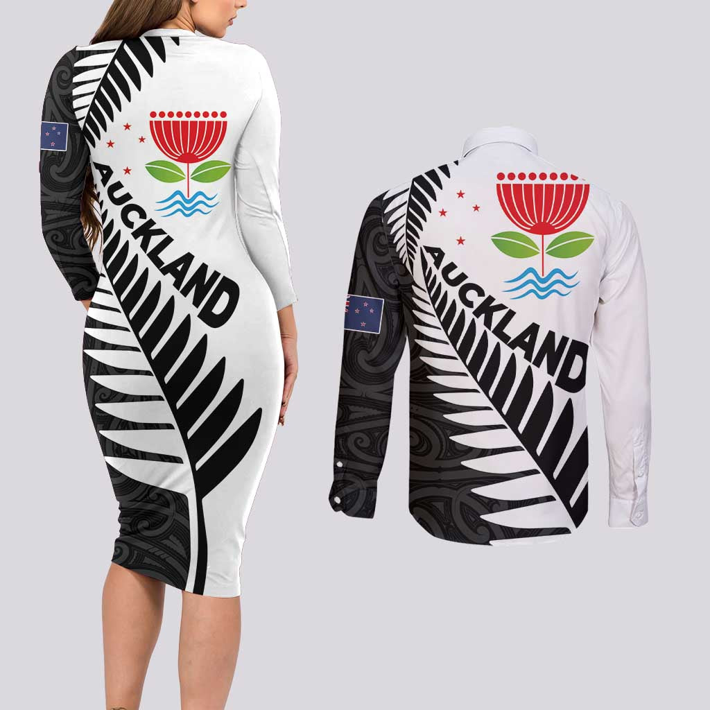 New Zealand Auckland Couples Matching Long Sleeve Bodycon Dress and Long Sleeve Button Shirt Auckland's Emblem and Silver Ferns - Maori Art Tattoo