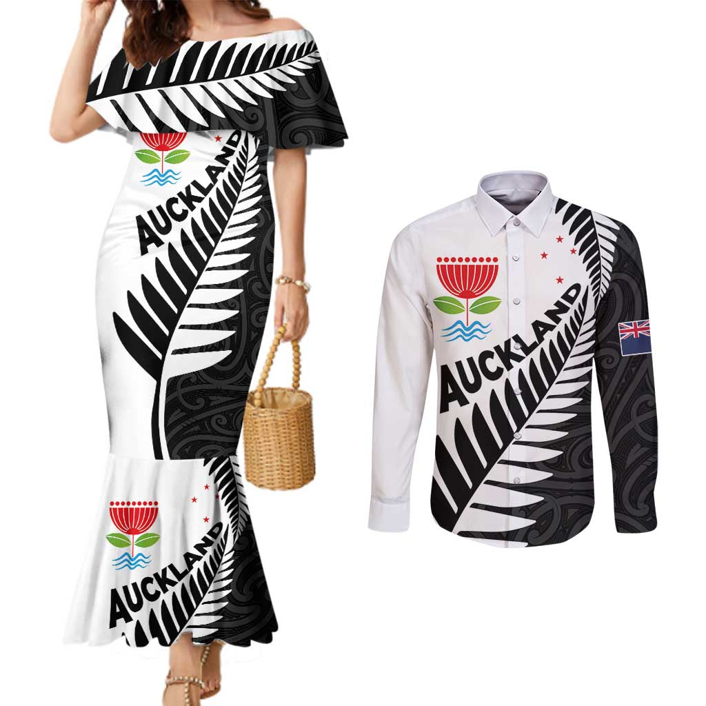 New Zealand Auckland Couples Matching Mermaid Dress and Long Sleeve Button Shirt Auckland's Emblem and Silver Ferns - Maori Art Tattoo