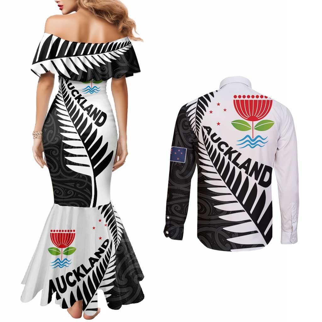 New Zealand Auckland Couples Matching Mermaid Dress and Long Sleeve Button Shirt Auckland's Emblem and Silver Ferns - Maori Art Tattoo