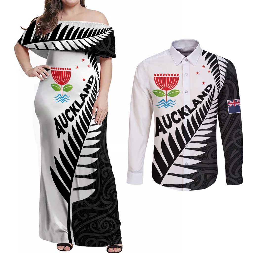 New Zealand Auckland Couples Matching Off Shoulder Maxi Dress and Long Sleeve Button Shirt Auckland's Emblem and Silver Ferns - Maori Art Tattoo