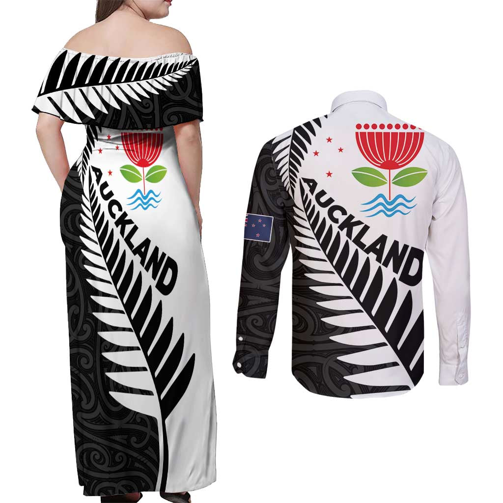 New Zealand Auckland Couples Matching Off Shoulder Maxi Dress and Long Sleeve Button Shirt Auckland's Emblem and Silver Ferns - Maori Art Tattoo