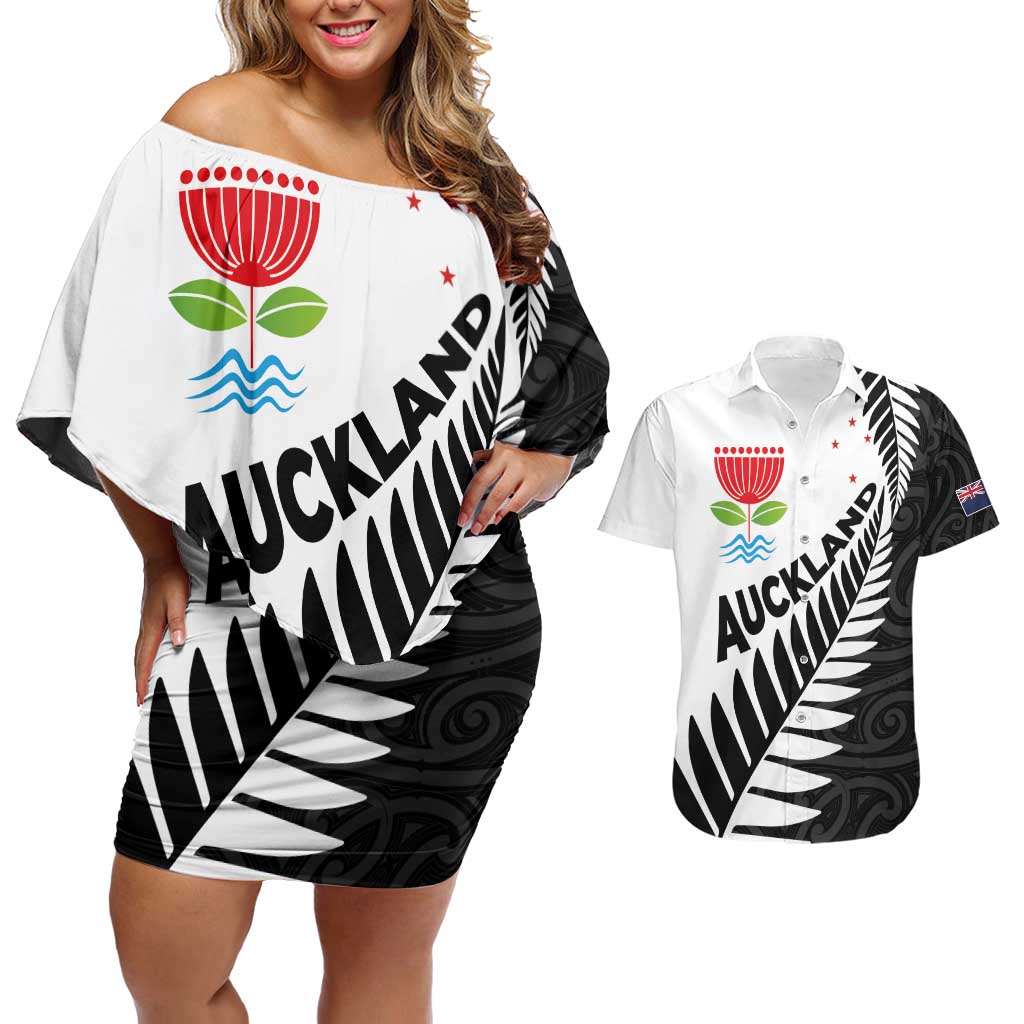 New Zealand Auckland Couples Matching Off Shoulder Short Dress and Hawaiian Shirt Auckland's Emblem and Silver Ferns - Maori Art Tattoo