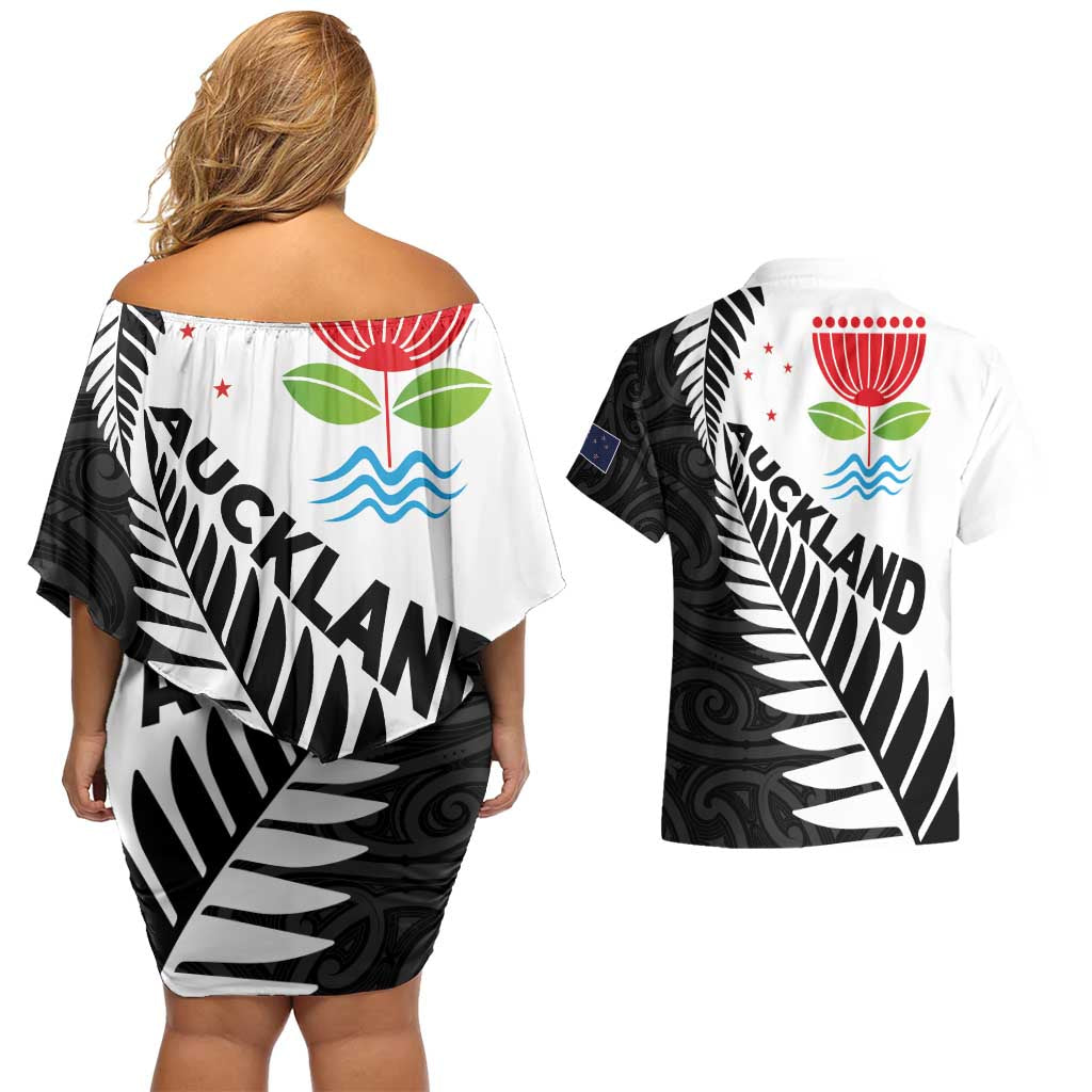 New Zealand Auckland Couples Matching Off Shoulder Short Dress and Hawaiian Shirt Auckland's Emblem and Silver Ferns - Maori Art Tattoo