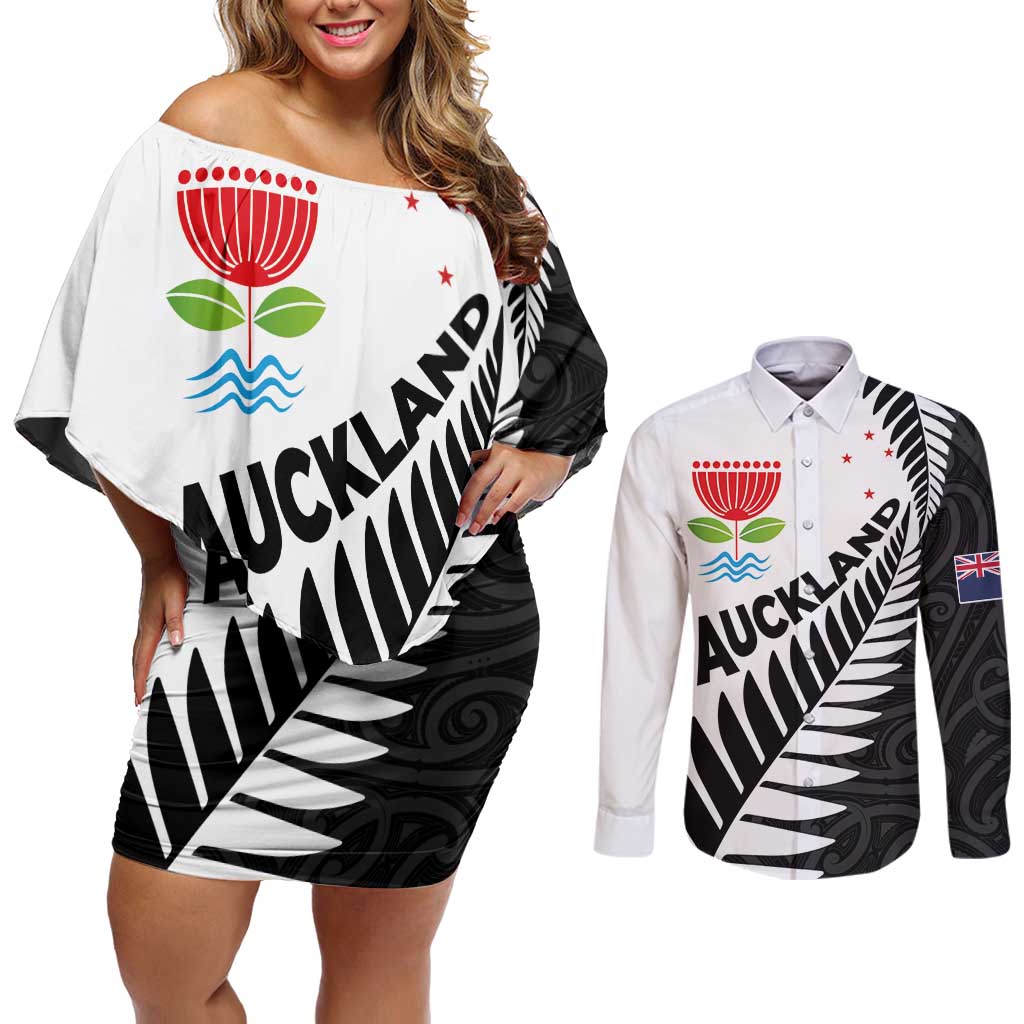 New Zealand Auckland Couples Matching Off Shoulder Short Dress and Long Sleeve Button Shirt Auckland's Emblem and Silver Ferns - Maori Art Tattoo