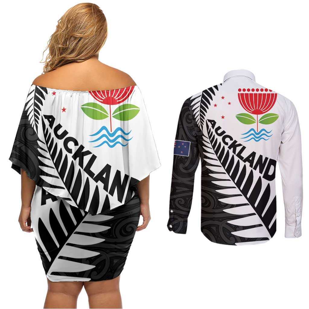 New Zealand Auckland Couples Matching Off Shoulder Short Dress and Long Sleeve Button Shirt Auckland's Emblem and Silver Ferns - Maori Art Tattoo