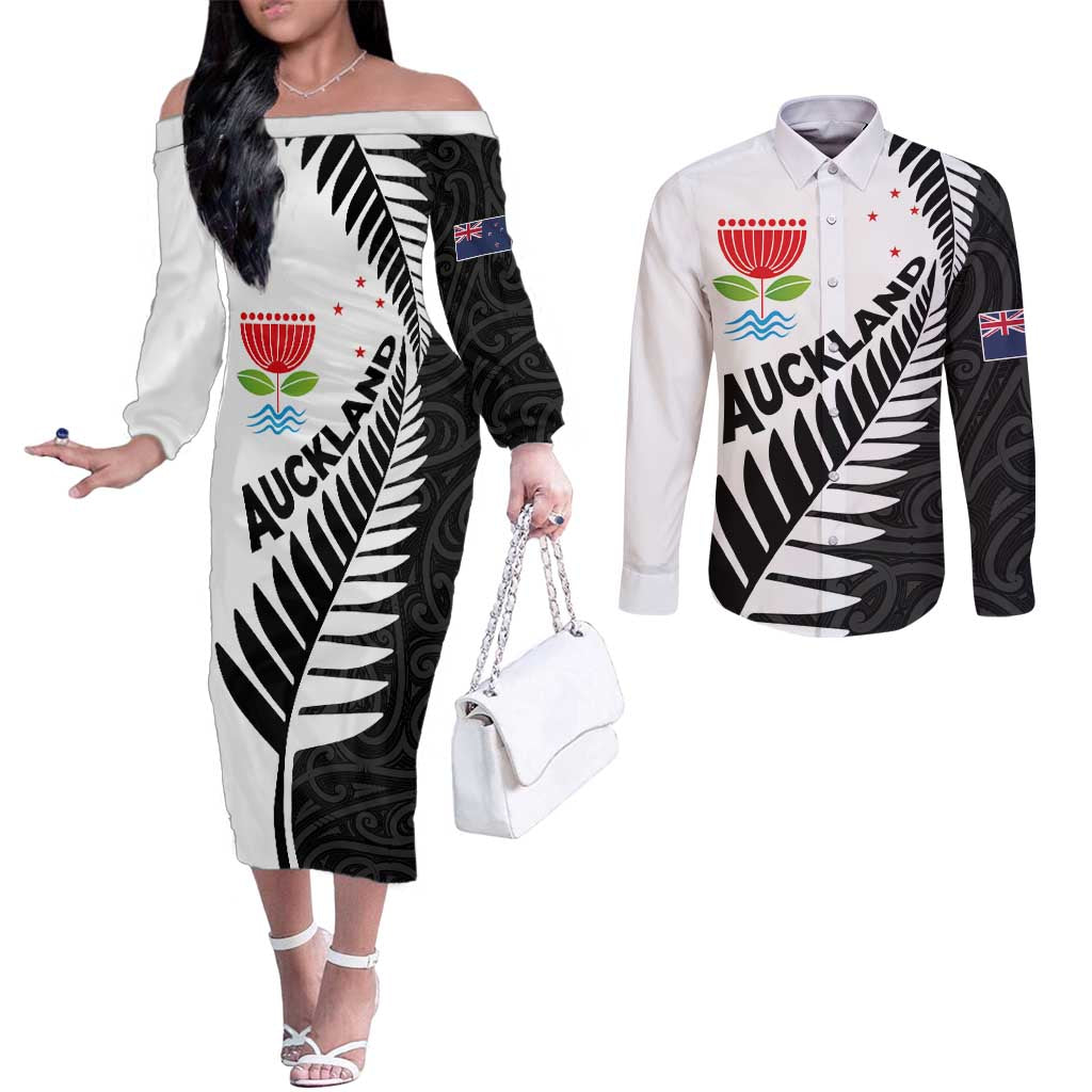 New Zealand Auckland Couples Matching Off The Shoulder Long Sleeve Dress and Long Sleeve Button Shirt Auckland's Emblem and Silver Ferns - Maori Art Tattoo