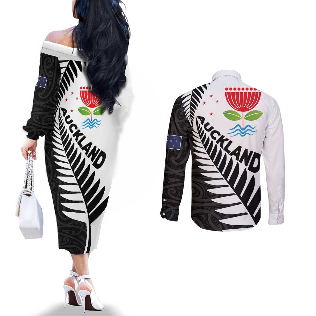 New Zealand Auckland Couples Matching Off The Shoulder Long Sleeve Dress and Long Sleeve Button Shirt Auckland's Emblem and Silver Ferns - Maori Art Tattoo