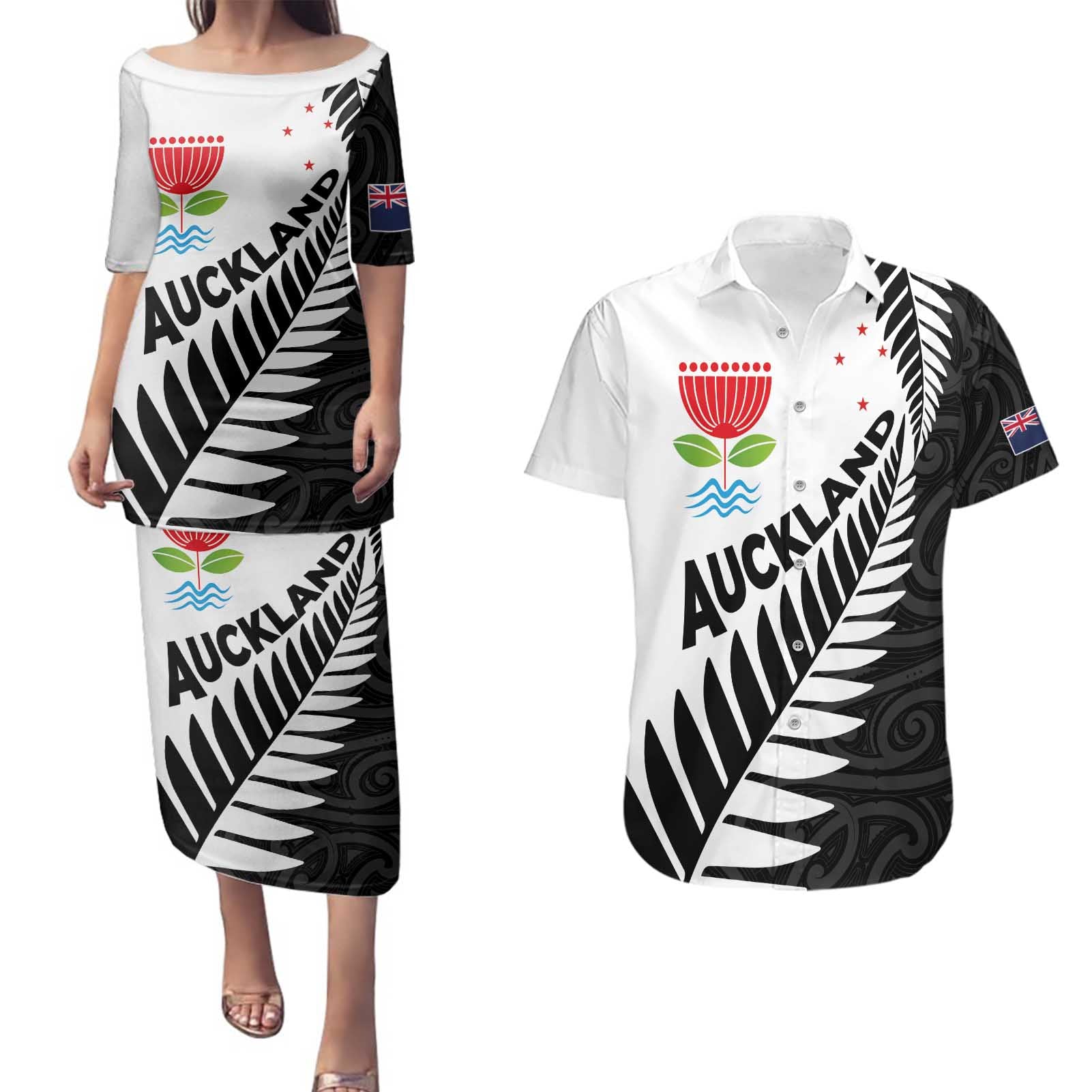 New Zealand Auckland Couples Matching Puletasi and Hawaiian Shirt Auckland's Emblem and Silver Ferns - Maori Art Tattoo