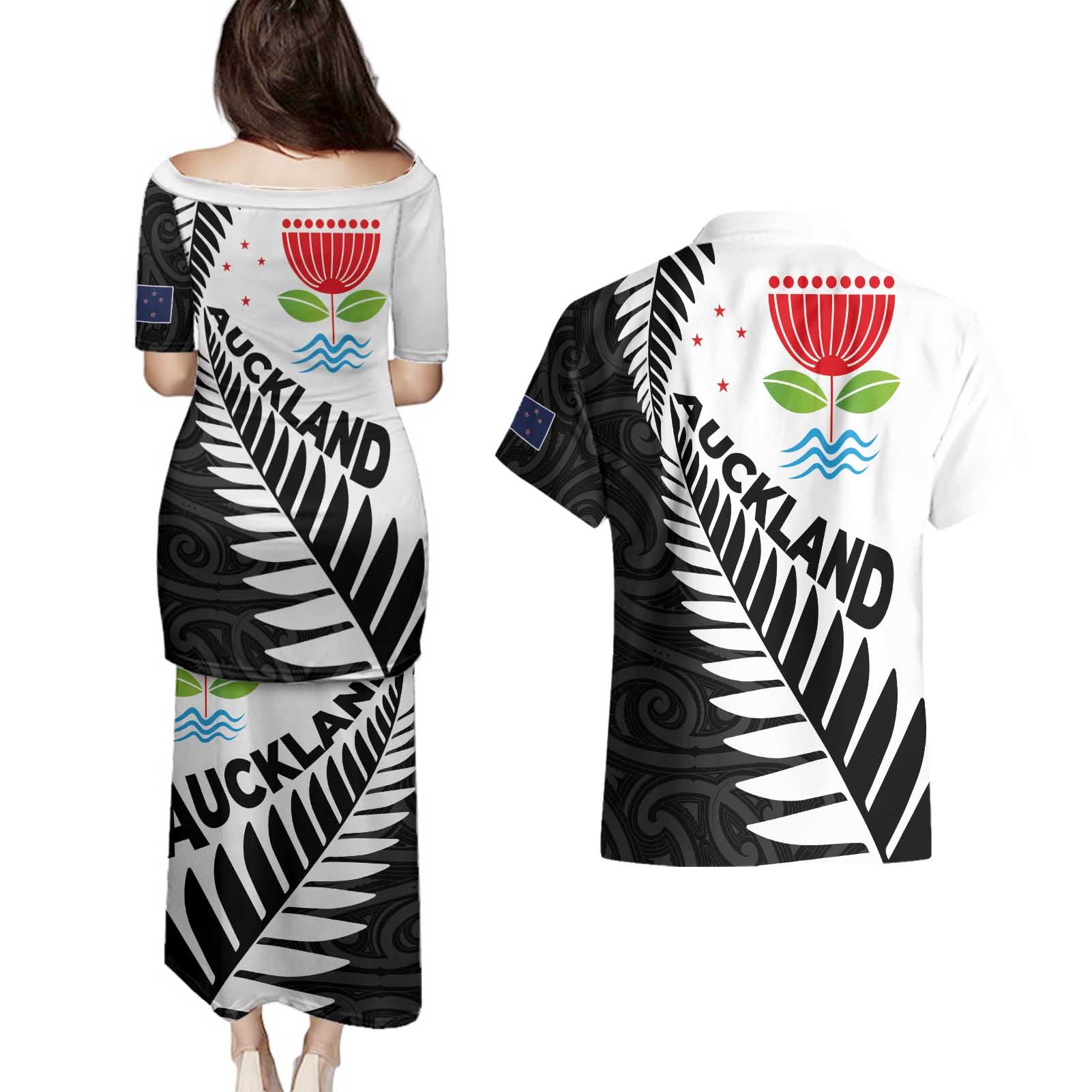 New Zealand Auckland Couples Matching Puletasi and Hawaiian Shirt Auckland's Emblem and Silver Ferns - Maori Art Tattoo