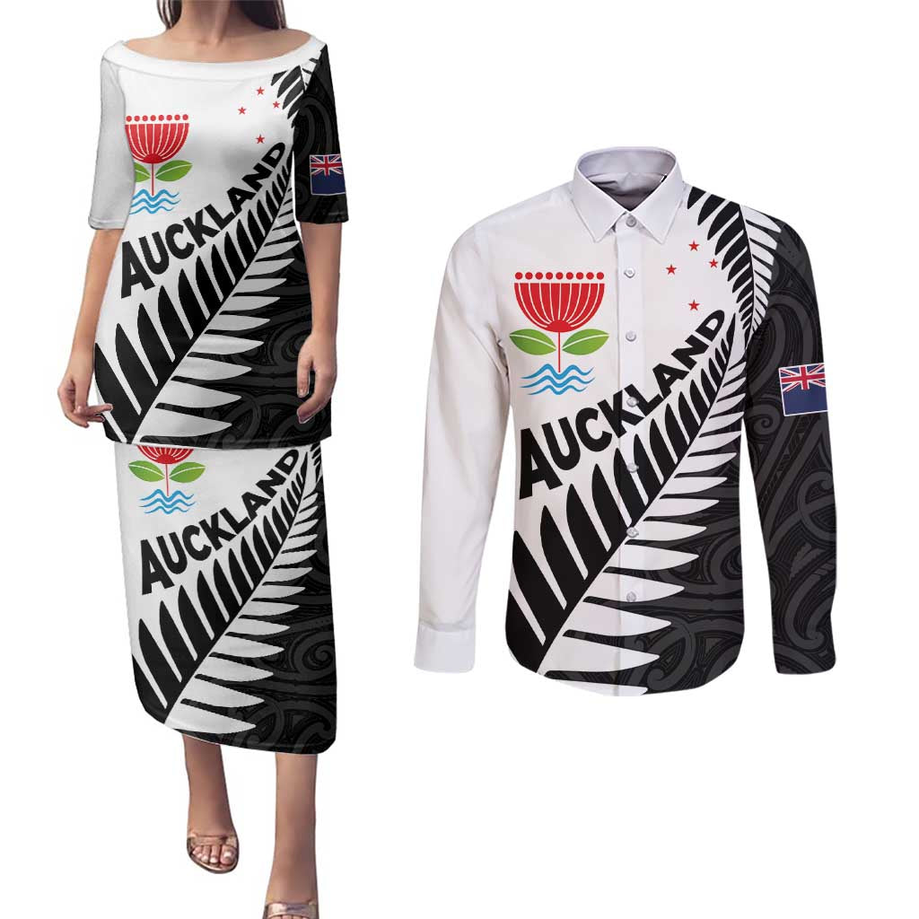 New Zealand Auckland Couples Matching Puletasi and Long Sleeve Button Shirt Auckland's Emblem and Silver Ferns - Maori Art Tattoo