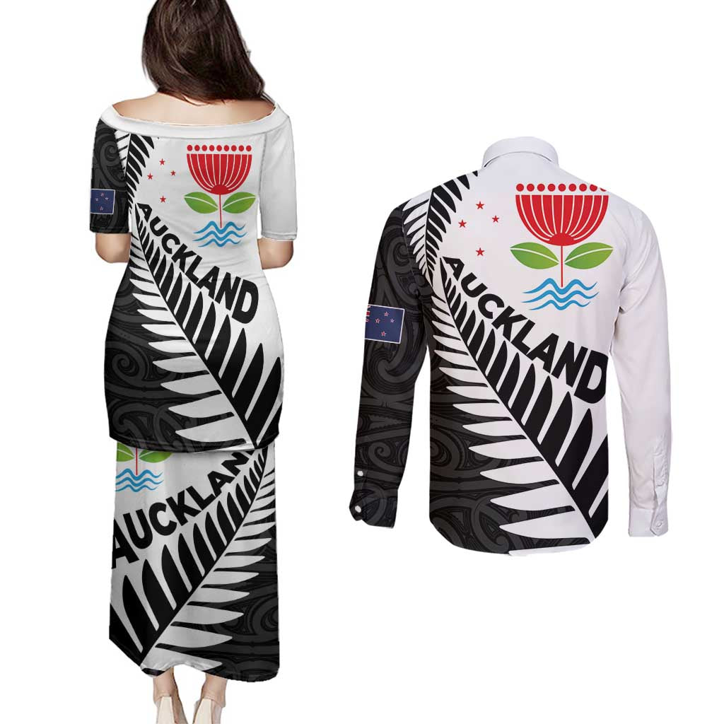 New Zealand Auckland Couples Matching Puletasi and Long Sleeve Button Shirt Auckland's Emblem and Silver Ferns - Maori Art Tattoo