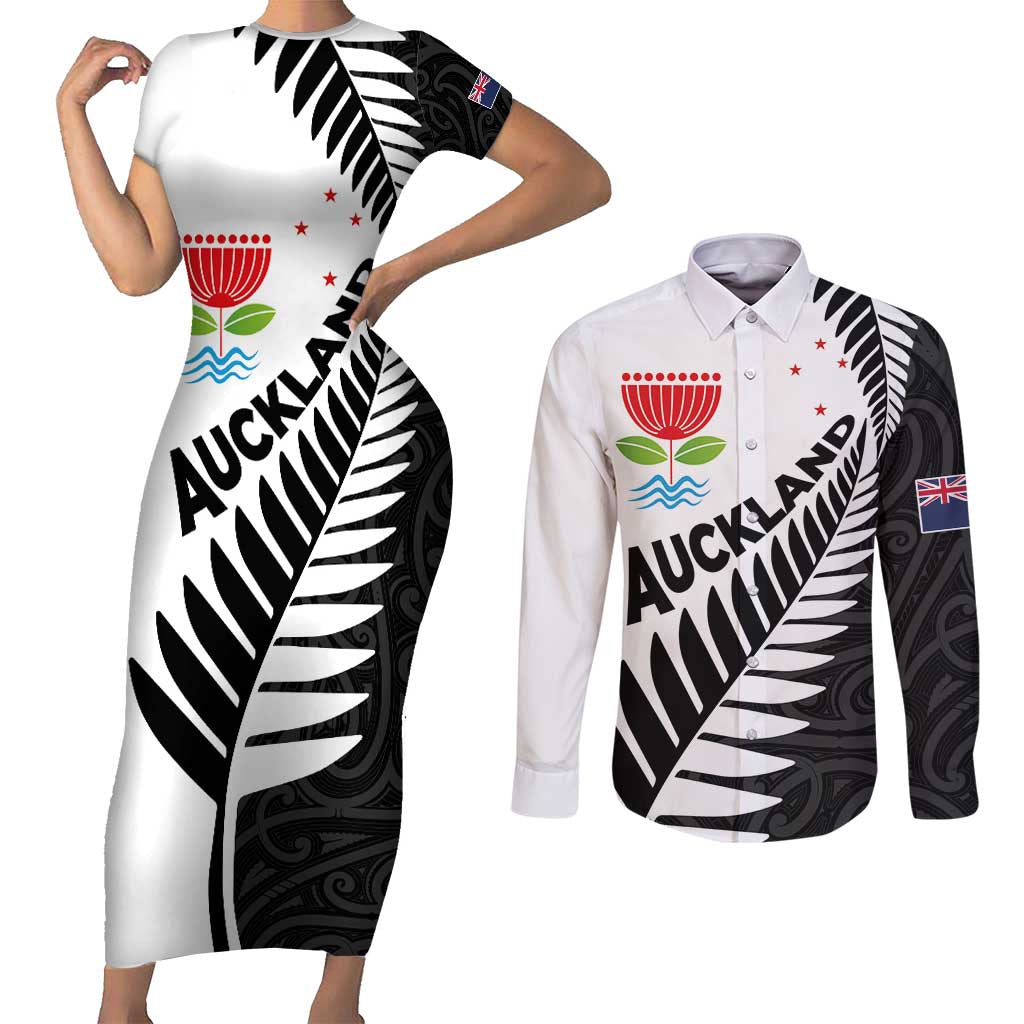 New Zealand Auckland Couples Matching Short Sleeve Bodycon Dress and Long Sleeve Button Shirt Auckland's Emblem and Silver Ferns - Maori Art Tattoo