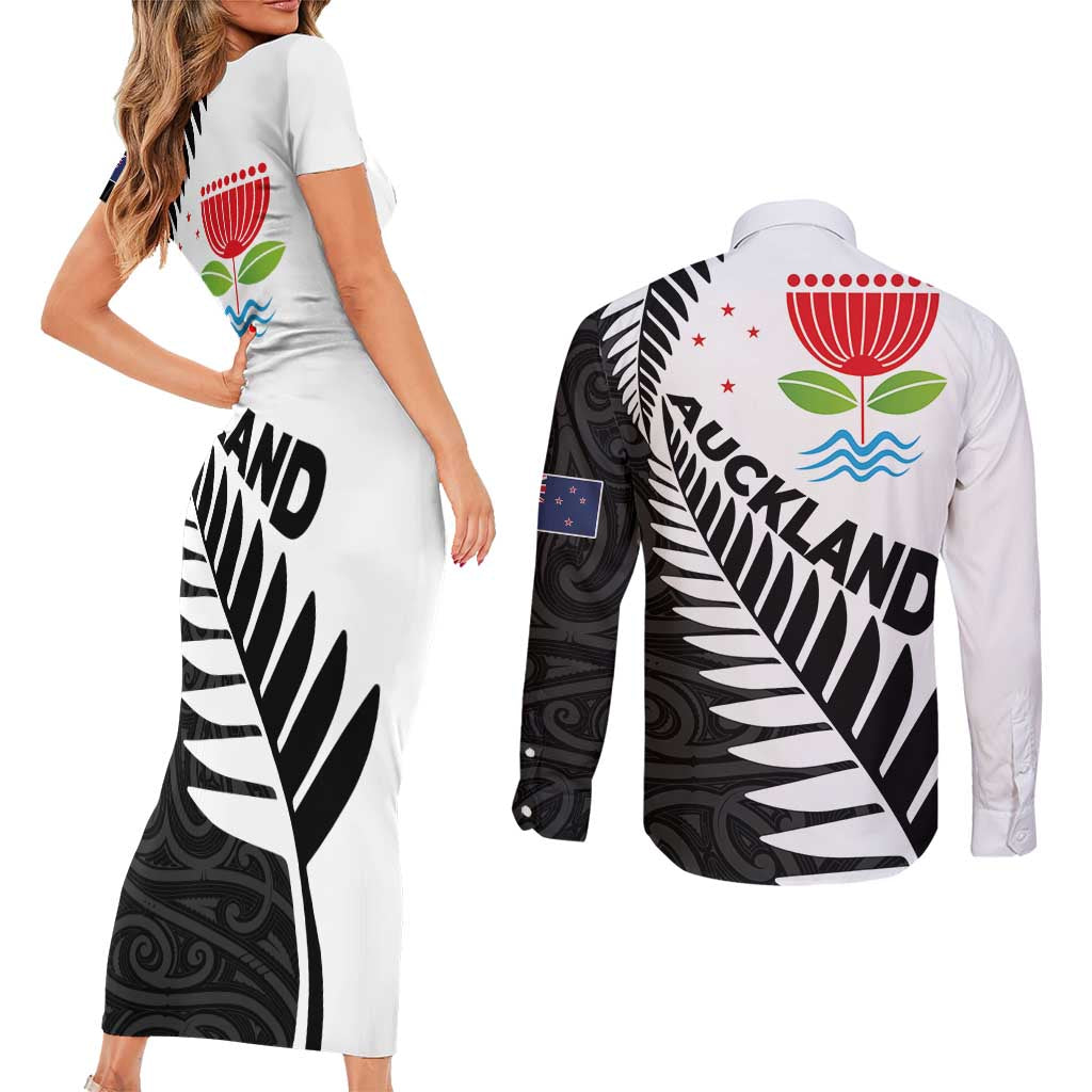 New Zealand Auckland Couples Matching Short Sleeve Bodycon Dress and Long Sleeve Button Shirt Auckland's Emblem and Silver Ferns - Maori Art Tattoo