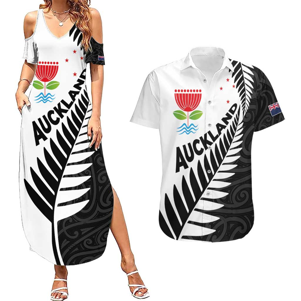 New Zealand Auckland Couples Matching Summer Maxi Dress and Hawaiian Shirt Auckland's Emblem and Silver Ferns - Maori Art Tattoo