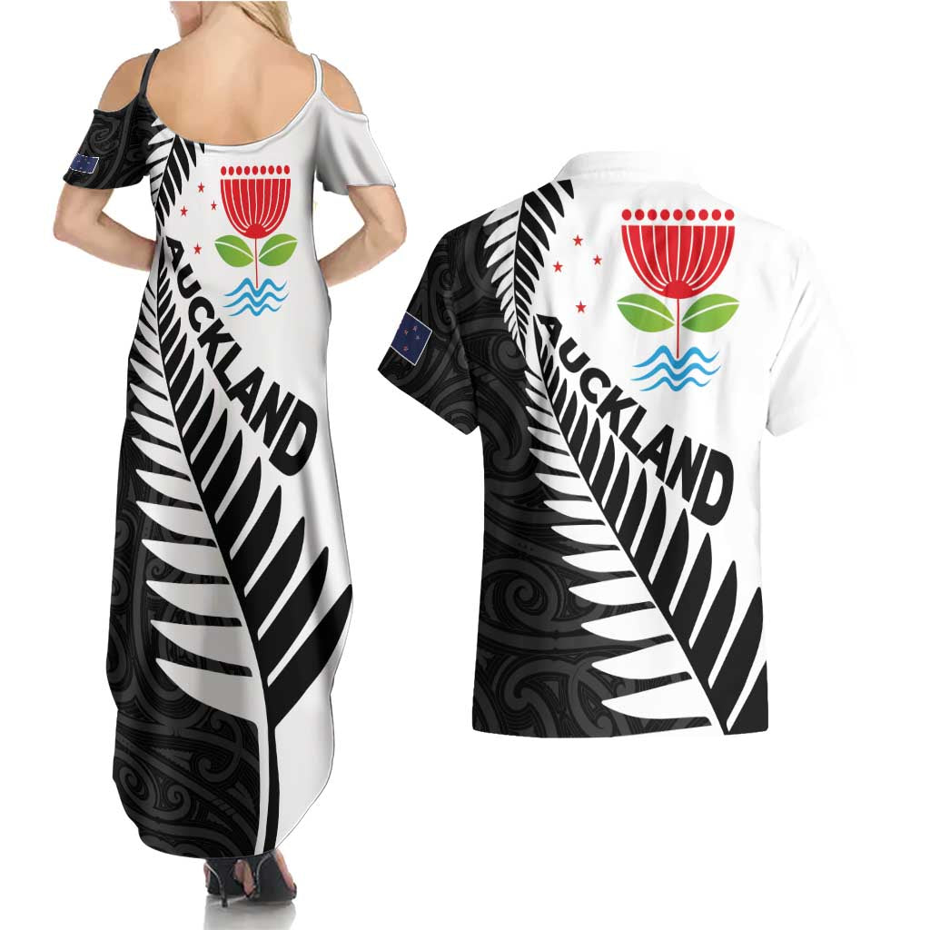 New Zealand Auckland Couples Matching Summer Maxi Dress and Hawaiian Shirt Auckland's Emblem and Silver Ferns - Maori Art Tattoo