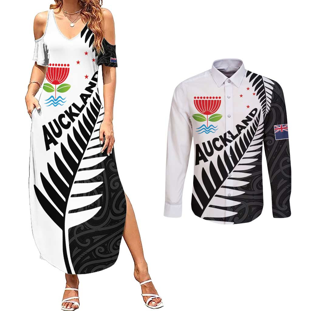 New Zealand Auckland Couples Matching Summer Maxi Dress and Long Sleeve Button Shirt Auckland's Emblem and Silver Ferns - Maori Art Tattoo