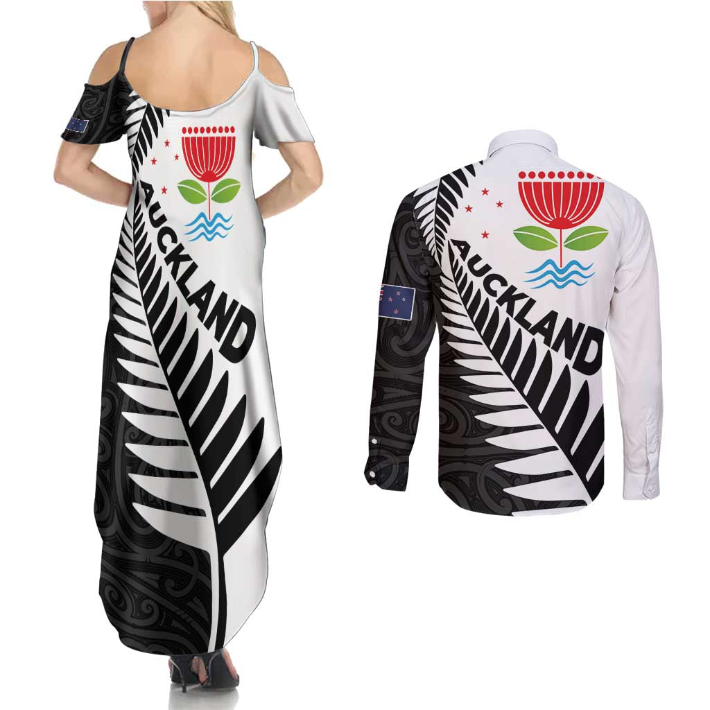 New Zealand Auckland Couples Matching Summer Maxi Dress and Long Sleeve Button Shirt Auckland's Emblem and Silver Ferns - Maori Art Tattoo