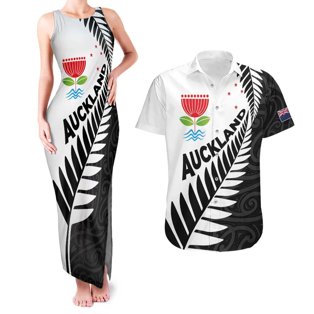 New Zealand Auckland Couples Matching Tank Maxi Dress and Hawaiian Shirt Auckland's Emblem and Silver Ferns - Maori Art Tattoo