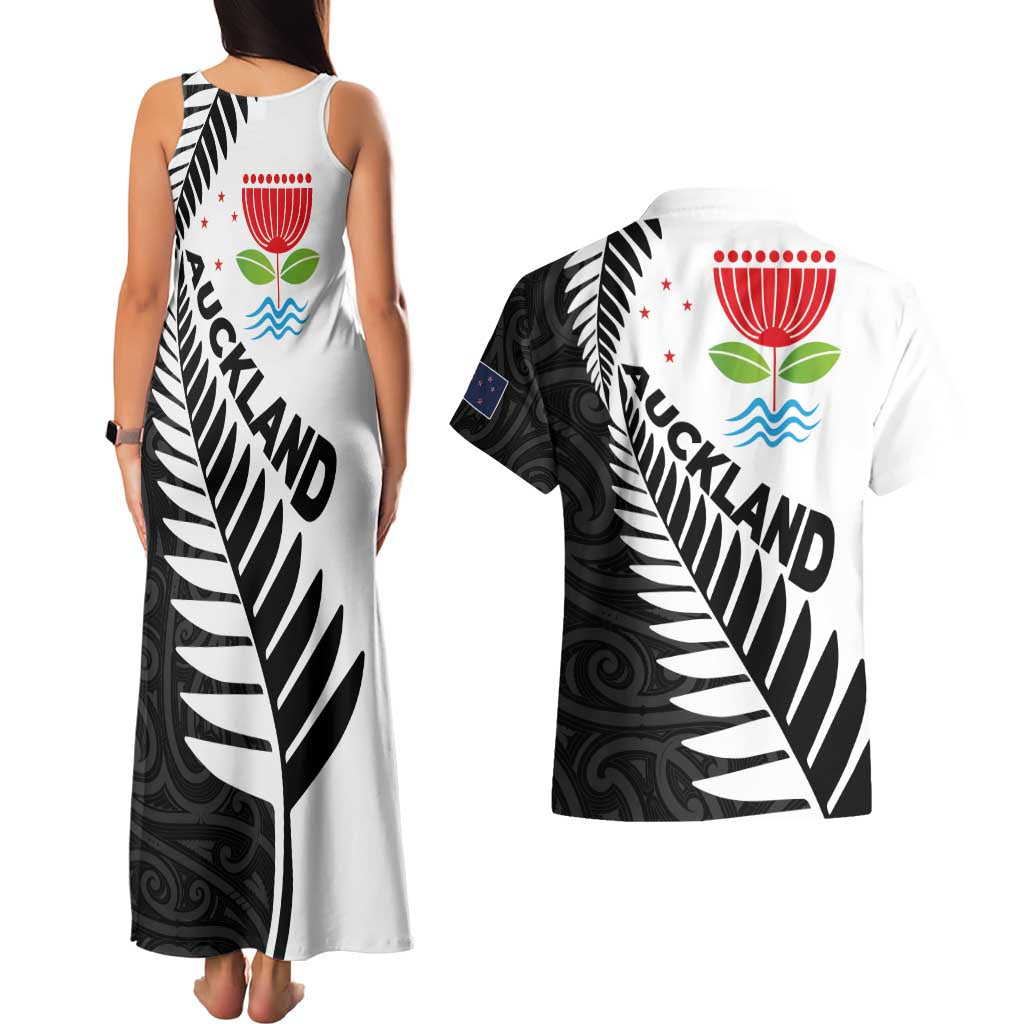 New Zealand Auckland Couples Matching Tank Maxi Dress and Hawaiian Shirt Auckland's Emblem and Silver Ferns - Maori Art Tattoo