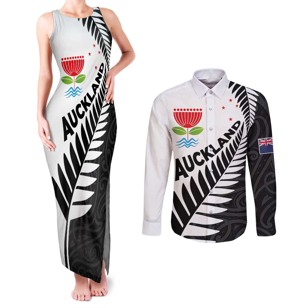 New Zealand Auckland Couples Matching Tank Maxi Dress and Long Sleeve Button Shirt Auckland's Emblem and Silver Ferns - Maori Art Tattoo