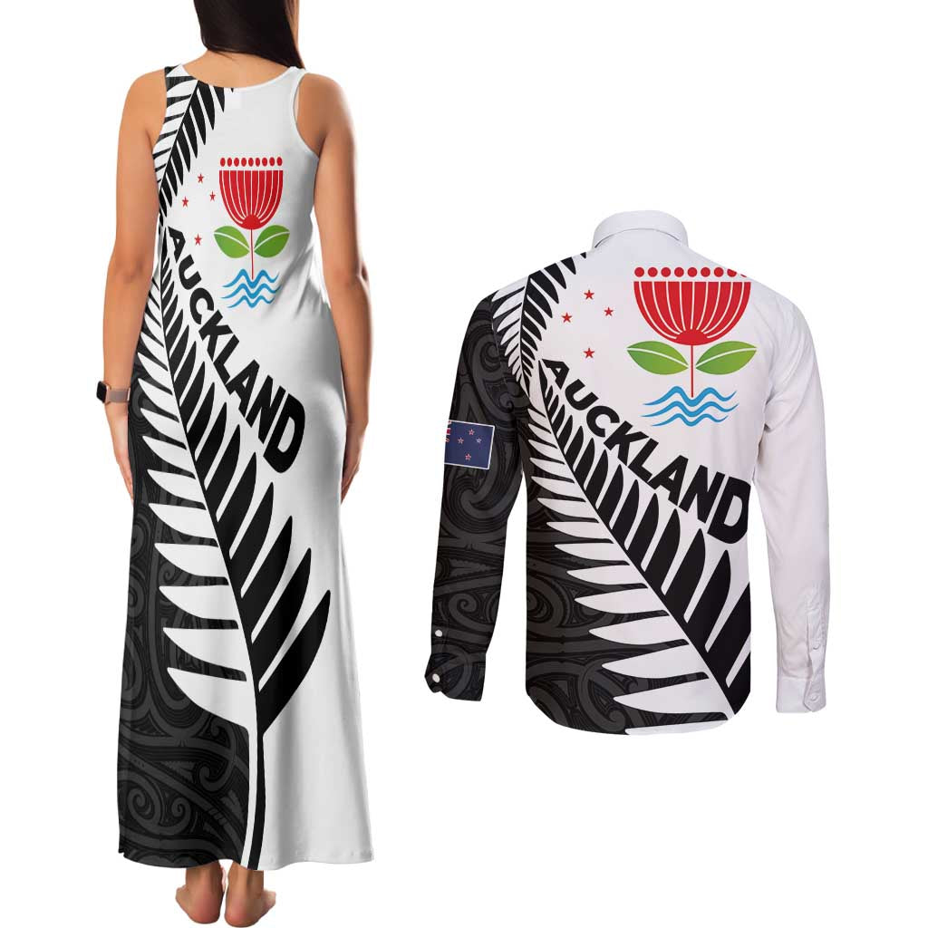 New Zealand Auckland Couples Matching Tank Maxi Dress and Long Sleeve Button Shirt Auckland's Emblem and Silver Ferns - Maori Art Tattoo