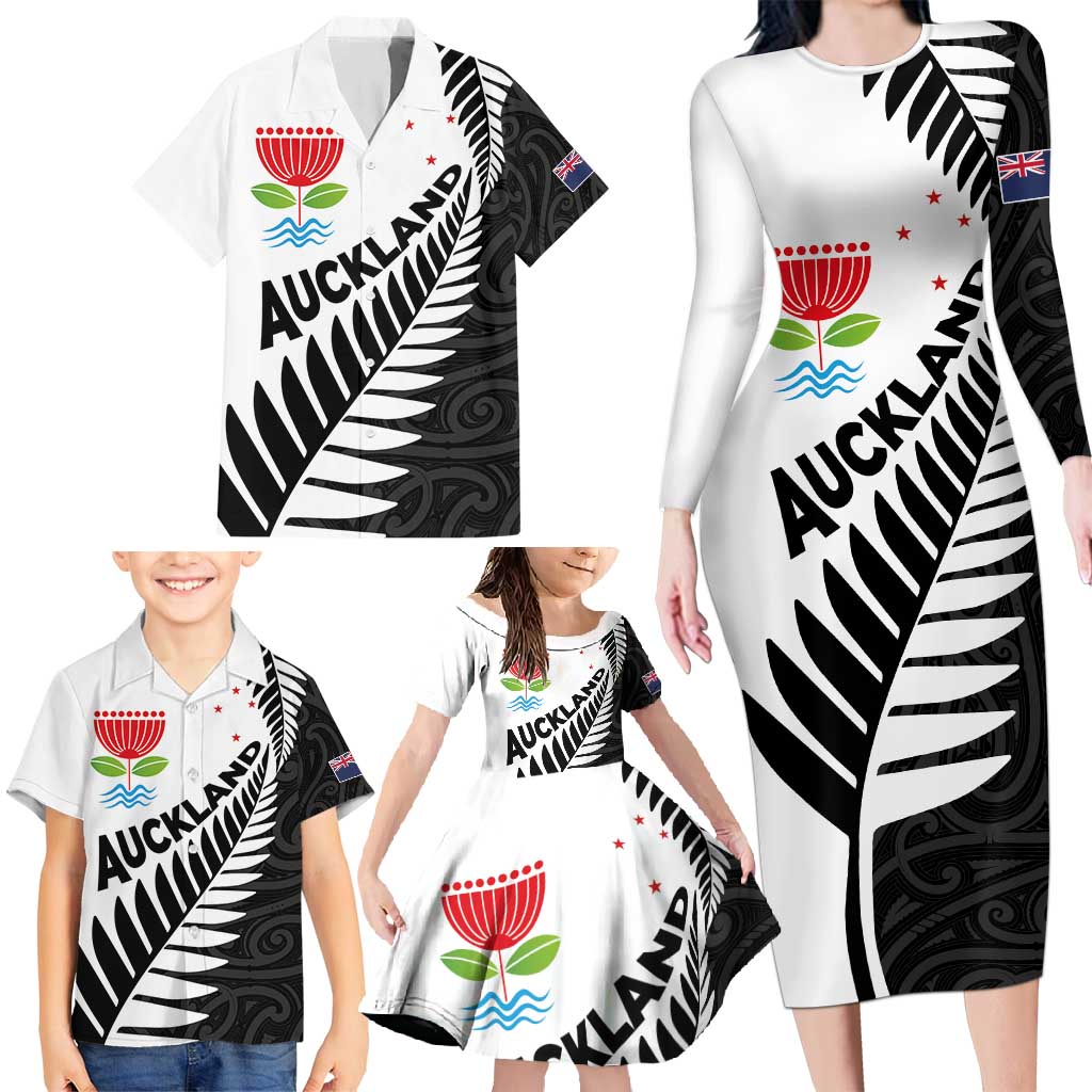 New Zealand Auckland Family Matching Long Sleeve Bodycon Dress and Hawaiian Shirt Auckland's Emblem and Silver Ferns - Maori Art Tattoo