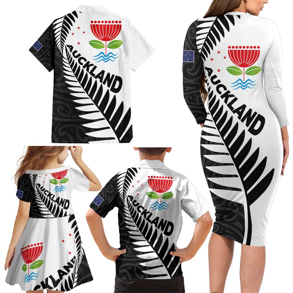 New Zealand Auckland Family Matching Long Sleeve Bodycon Dress and Hawaiian Shirt Auckland's Emblem and Silver Ferns - Maori Art Tattoo