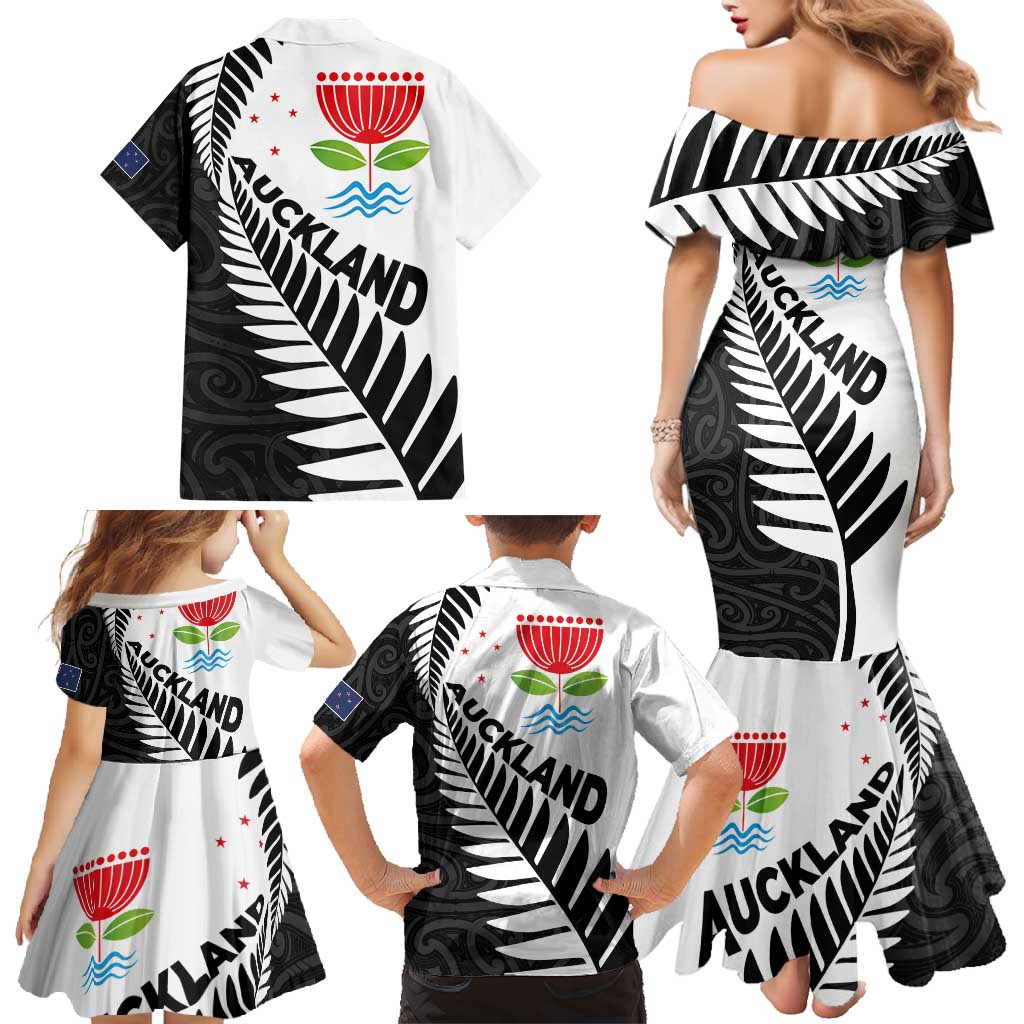 New Zealand Auckland Family Matching Mermaid Dress and Hawaiian Shirt Auckland's Emblem and Silver Ferns - Maori Art Tattoo