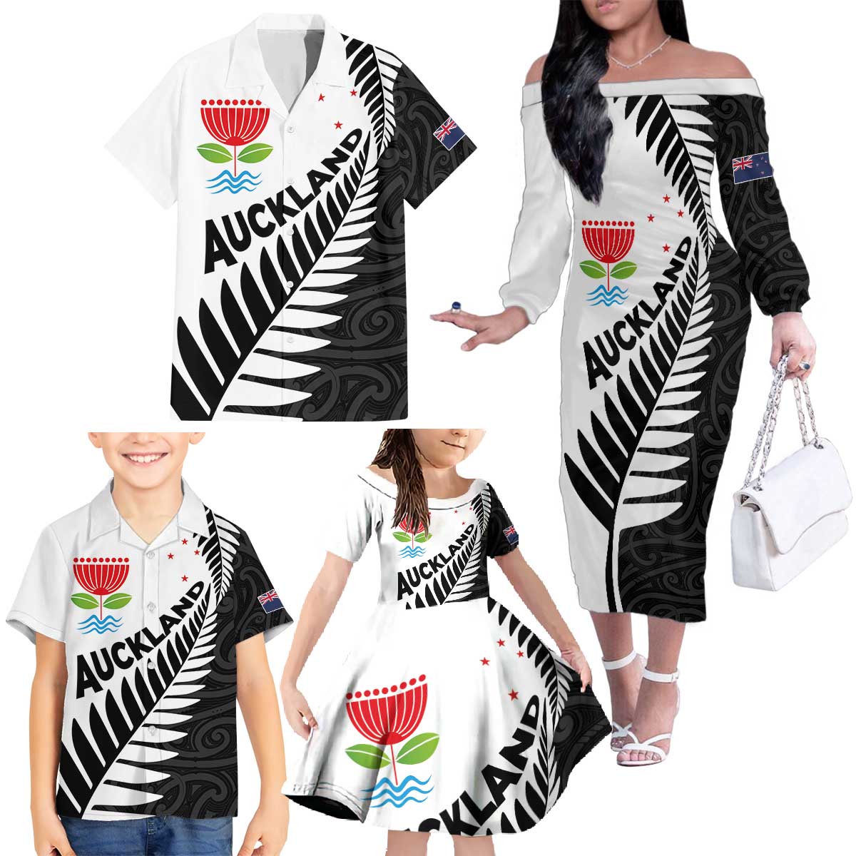 New Zealand Auckland Family Matching Off The Shoulder Long Sleeve Dress and Hawaiian Shirt Auckland's Emblem and Silver Ferns - Maori Art Tattoo