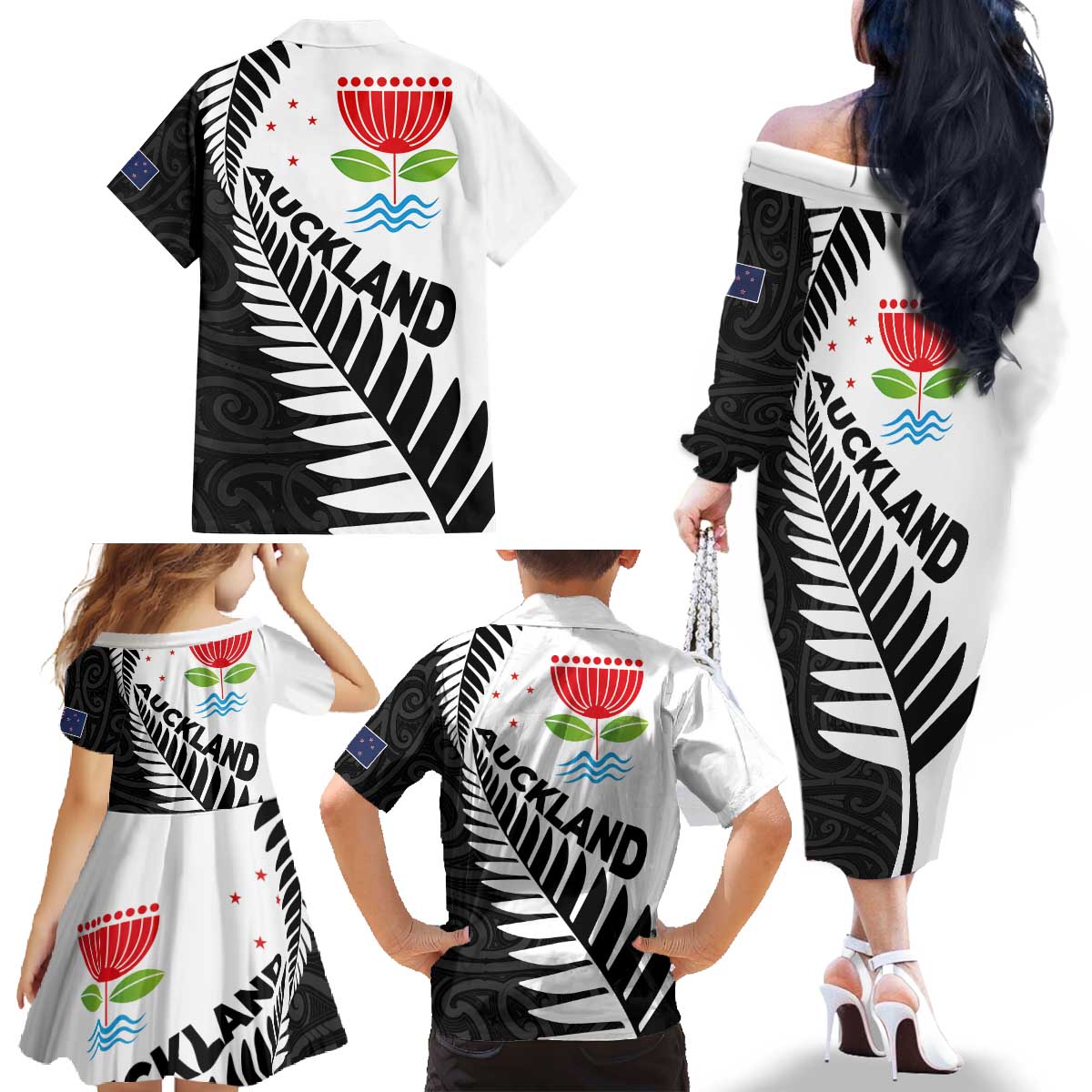 New Zealand Auckland Family Matching Off The Shoulder Long Sleeve Dress and Hawaiian Shirt Auckland's Emblem and Silver Ferns - Maori Art Tattoo