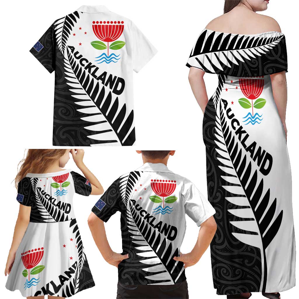 New Zealand Auckland Family Matching Off Shoulder Maxi Dress and Hawaiian Shirt Auckland's Emblem and Silver Ferns - Maori Art Tattoo