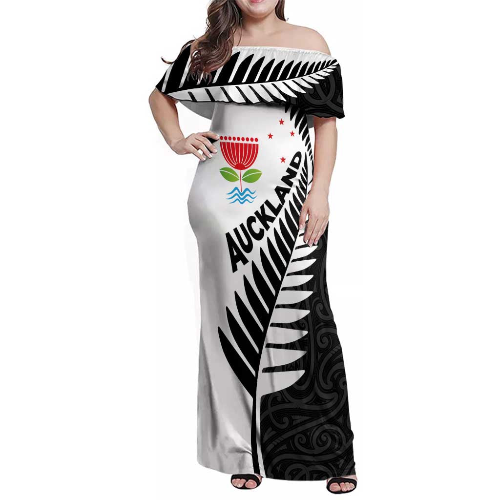 New Zealand Auckland Family Matching Off Shoulder Maxi Dress and Hawaiian Shirt Auckland's Emblem and Silver Ferns - Maori Art Tattoo