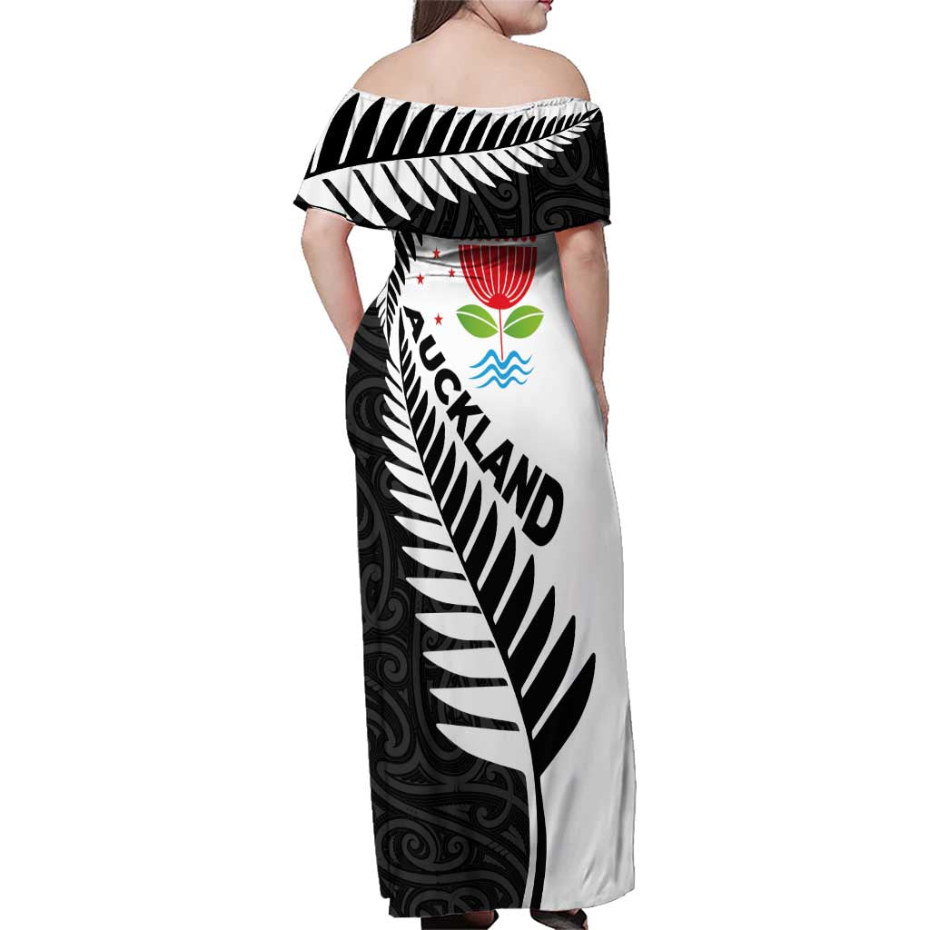 New Zealand Auckland Family Matching Off Shoulder Maxi Dress and Hawaiian Shirt Auckland's Emblem and Silver Ferns - Maori Art Tattoo