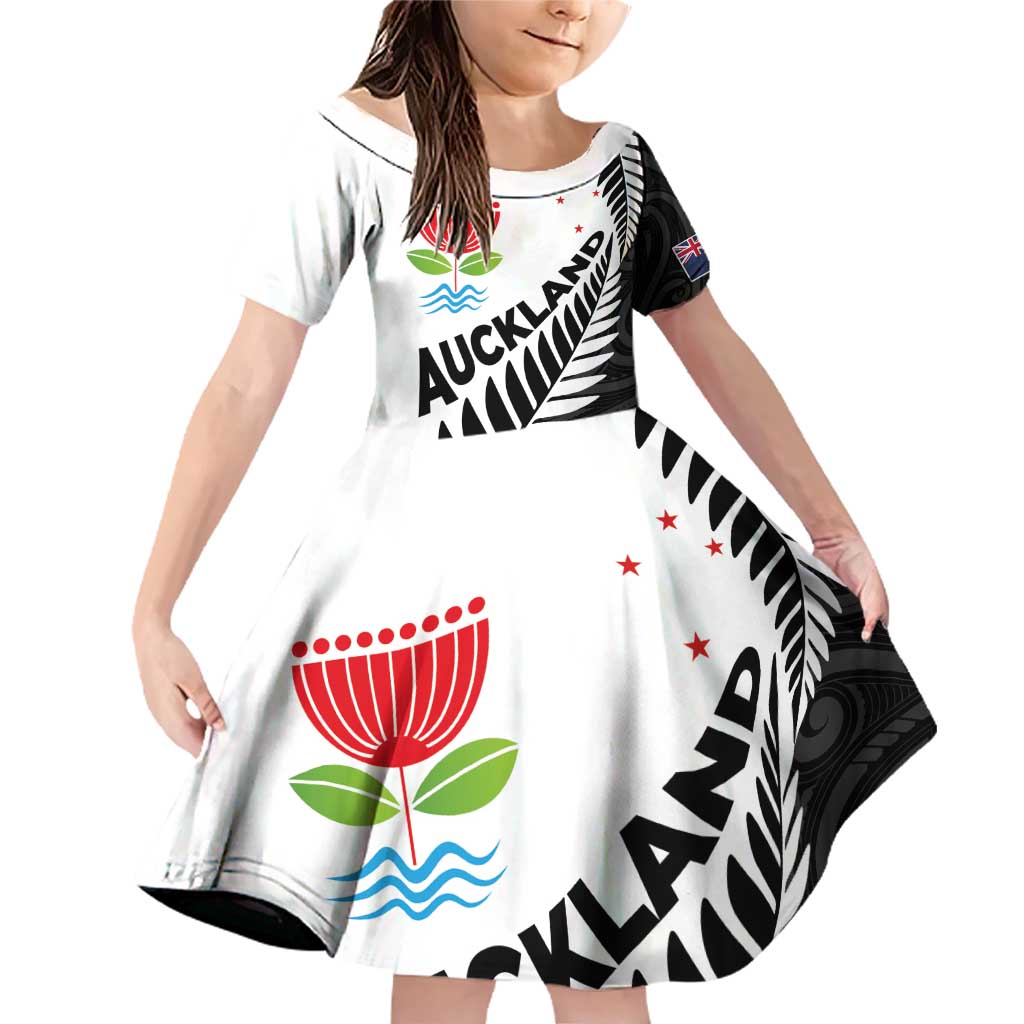 New Zealand Auckland Family Matching Off Shoulder Short Dress and Hawaiian Shirt Auckland's Emblem and Silver Ferns - Maori Art Tattoo