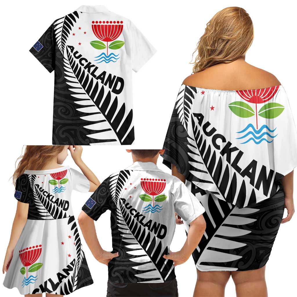 New Zealand Auckland Family Matching Off Shoulder Short Dress and Hawaiian Shirt Auckland's Emblem and Silver Ferns - Maori Art Tattoo