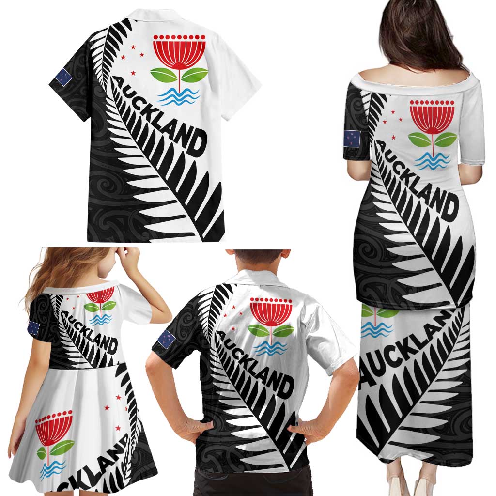 New Zealand Auckland Family Matching Puletasi and Hawaiian Shirt Auckland's Emblem and Silver Ferns - Maori Art Tattoo