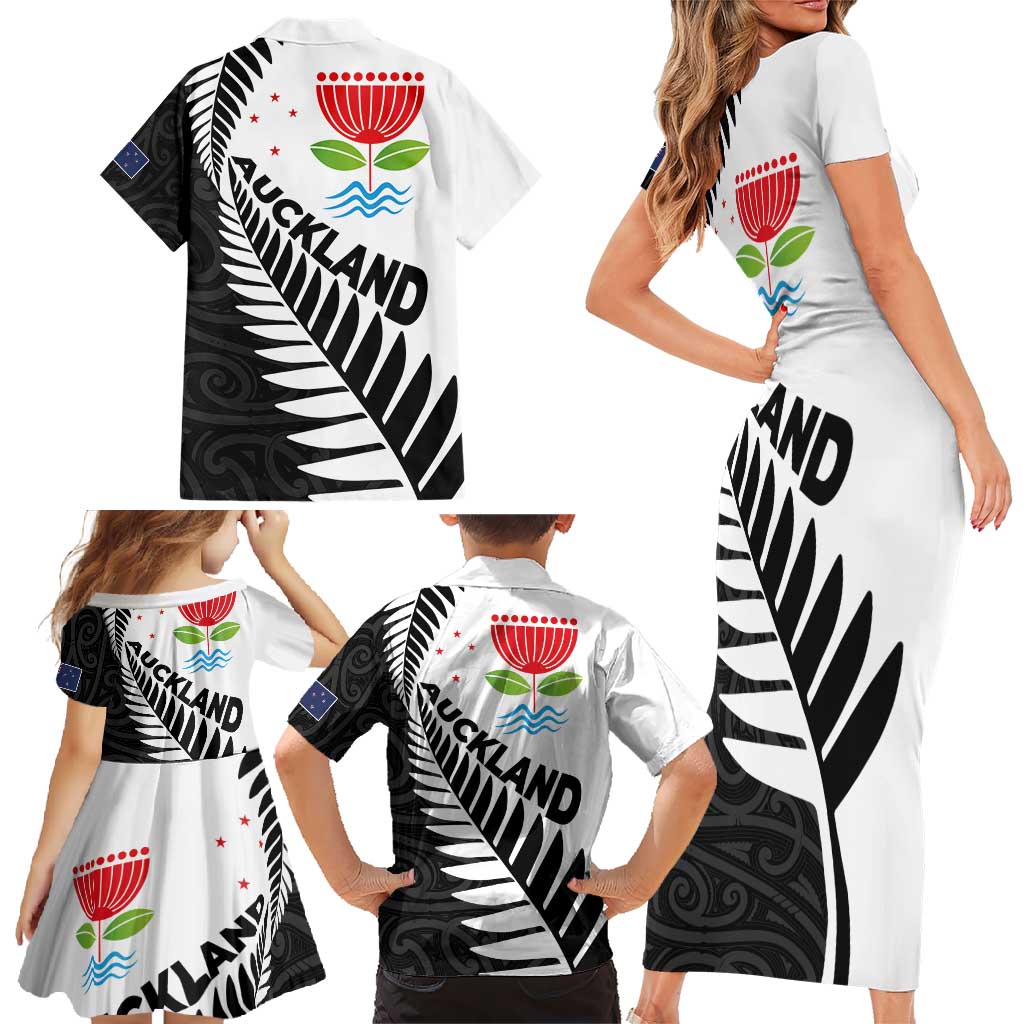 New Zealand Auckland Family Matching Short Sleeve Bodycon Dress and Hawaiian Shirt Auckland's Emblem and Silver Ferns - Maori Art Tattoo