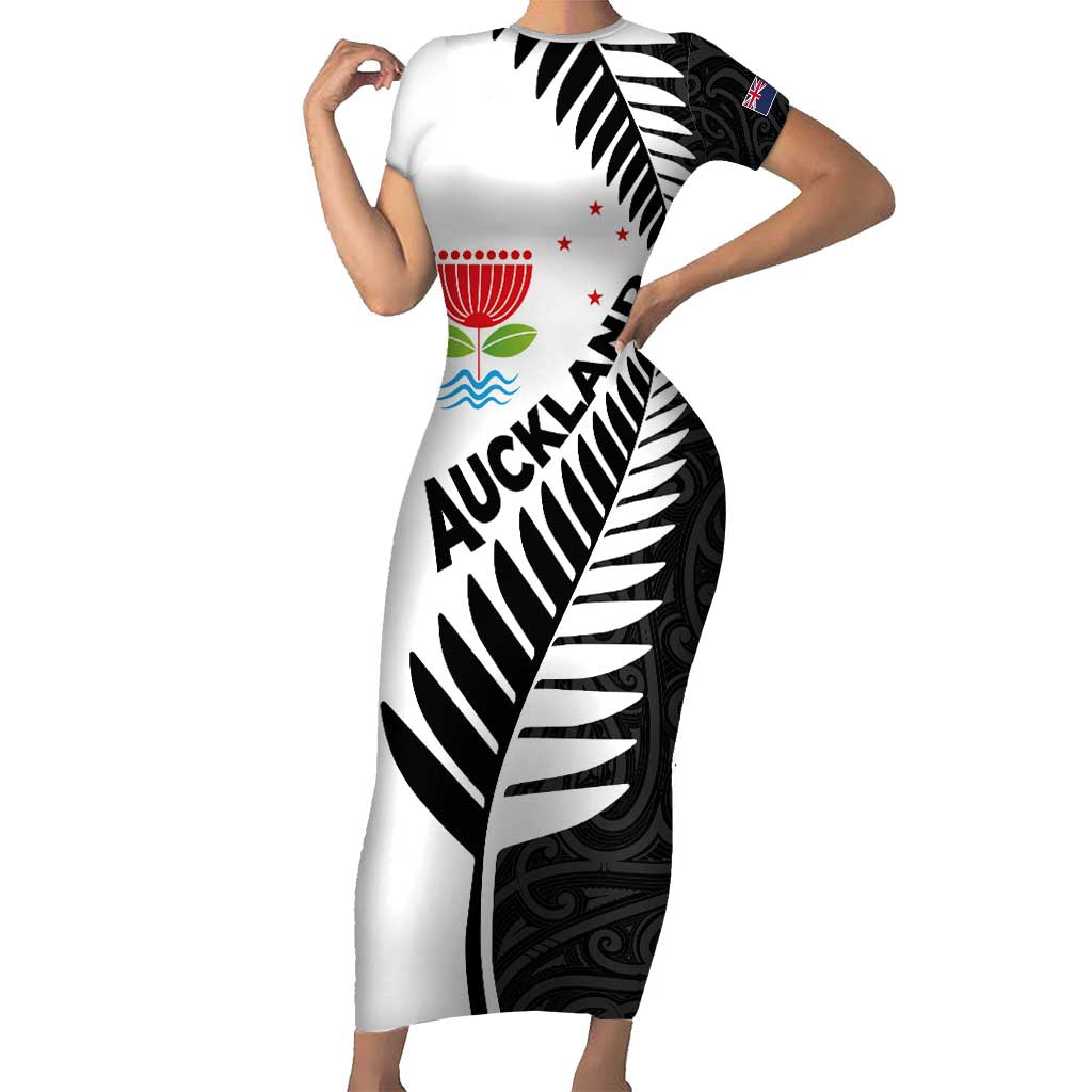 New Zealand Auckland Family Matching Short Sleeve Bodycon Dress and Hawaiian Shirt Auckland's Emblem and Silver Ferns - Maori Art Tattoo