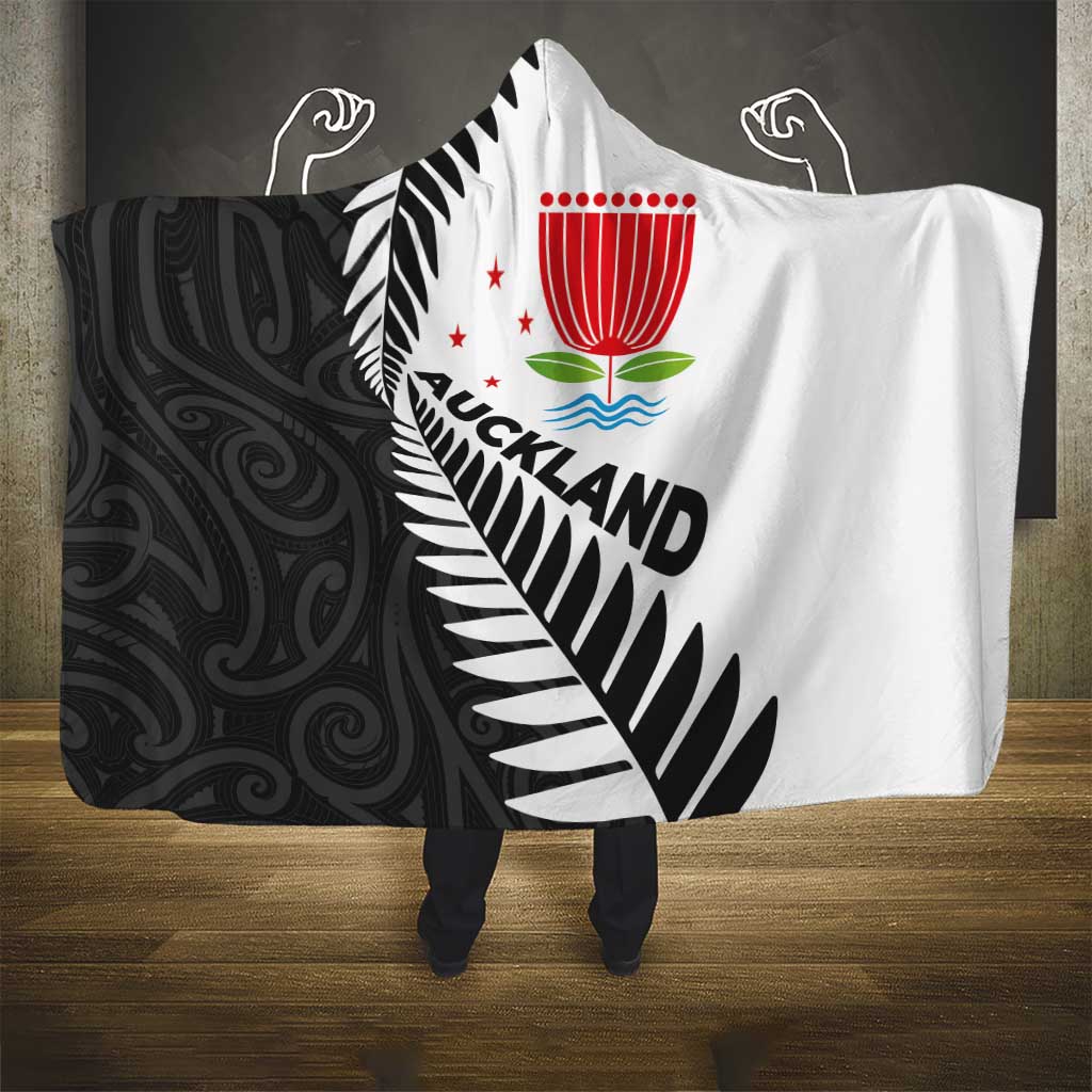 New Zealand Auckland Hooded Blanket Auckland's Emblem and Silver Ferns - Maori Art Tattoo