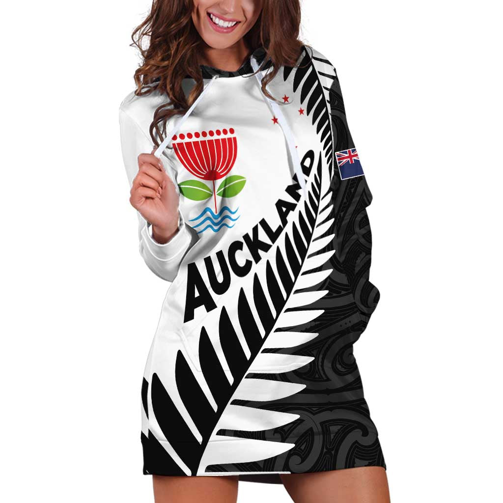 New Zealand Auckland Hoodie Dress Auckland's Emblem and Silver Ferns - Maori Art Tattoo - Vibe Hoodie Shop