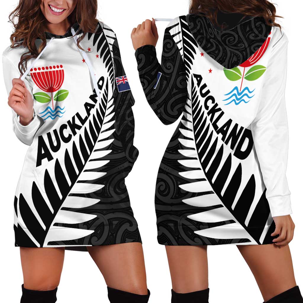 New Zealand Auckland Hoodie Dress Auckland's Emblem and Silver Ferns - Maori Art Tattoo - Vibe Hoodie Shop