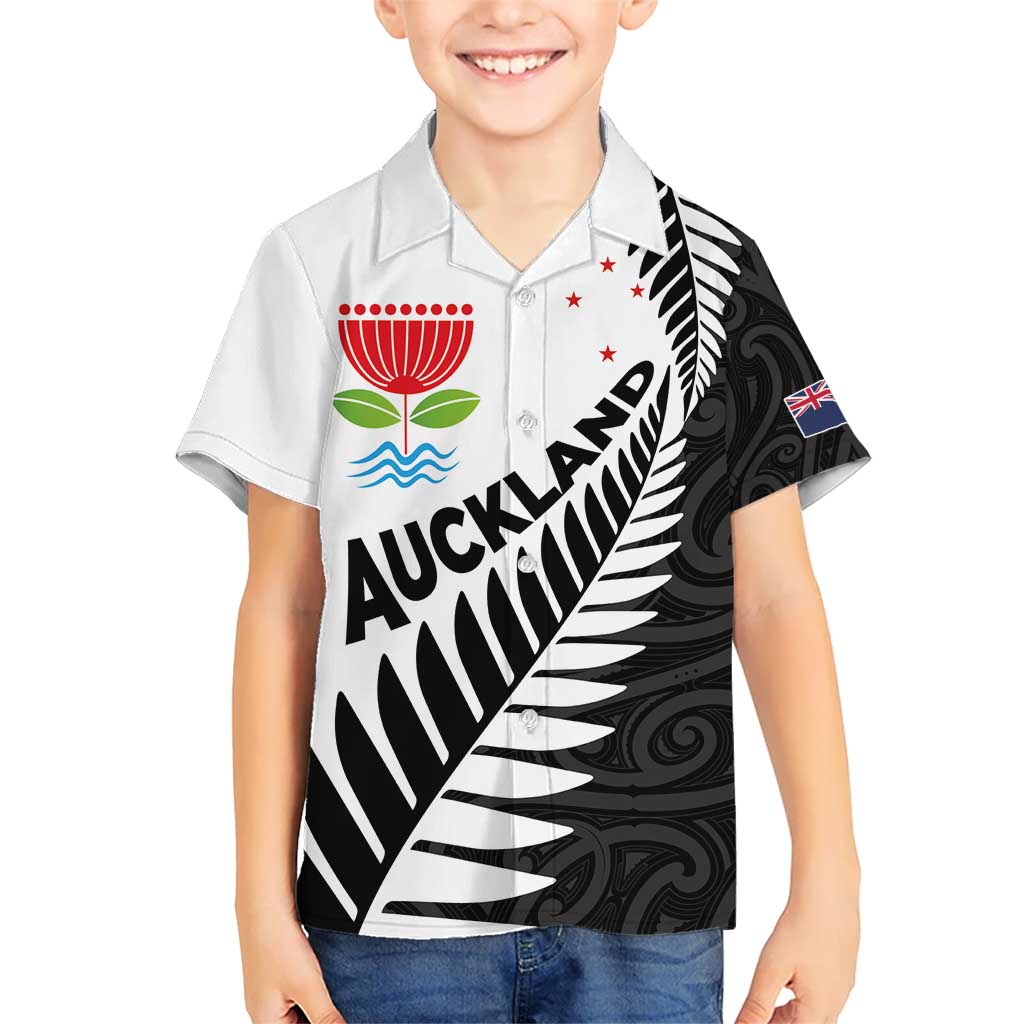 New Zealand Auckland Kid Hawaiian Shirt Auckland's Emblem and Silver Ferns - Maori Art Tattoo