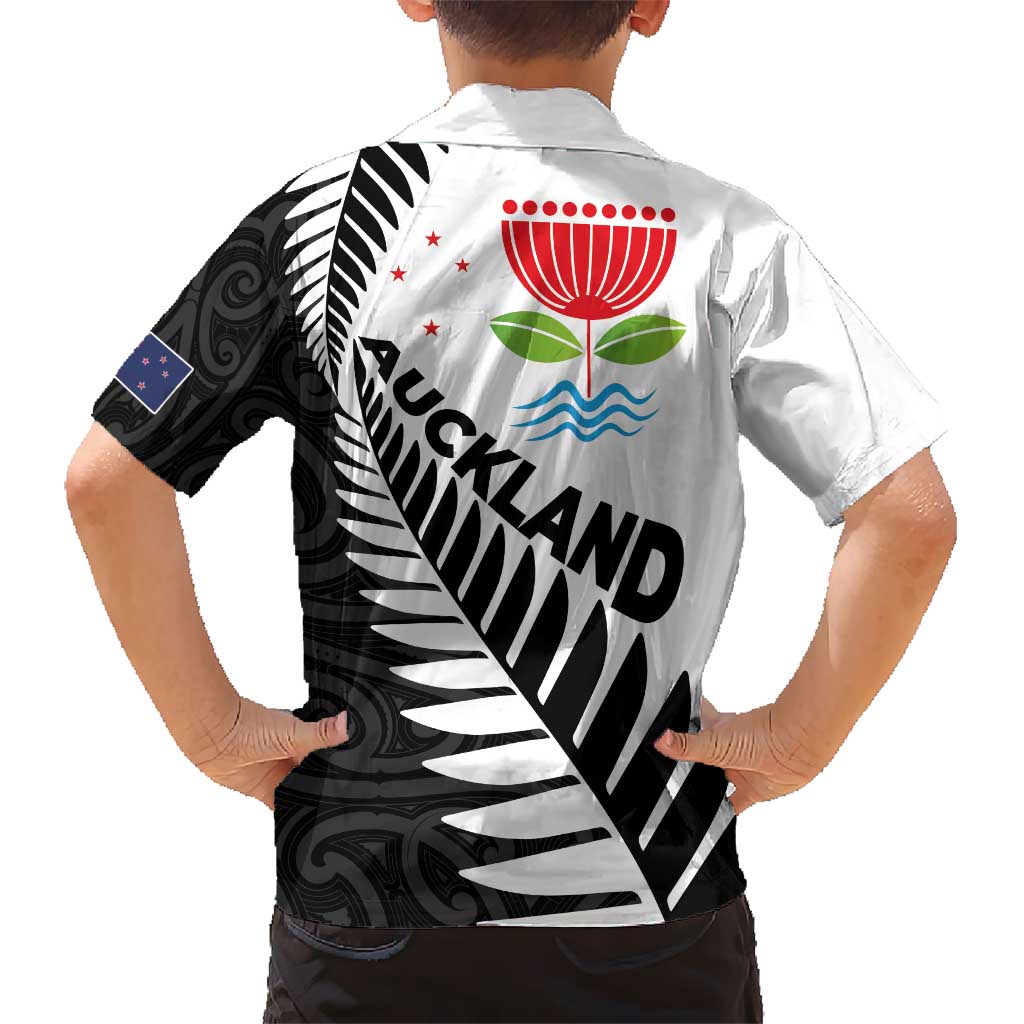 New Zealand Auckland Kid Hawaiian Shirt Auckland's Emblem and Silver Ferns - Maori Art Tattoo