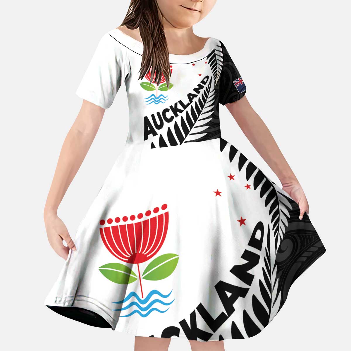 New Zealand Auckland Kid Short Sleeve Dress Auckland's Emblem and Silver Ferns - Maori Art Tattoo - Vibe Hoodie Shop