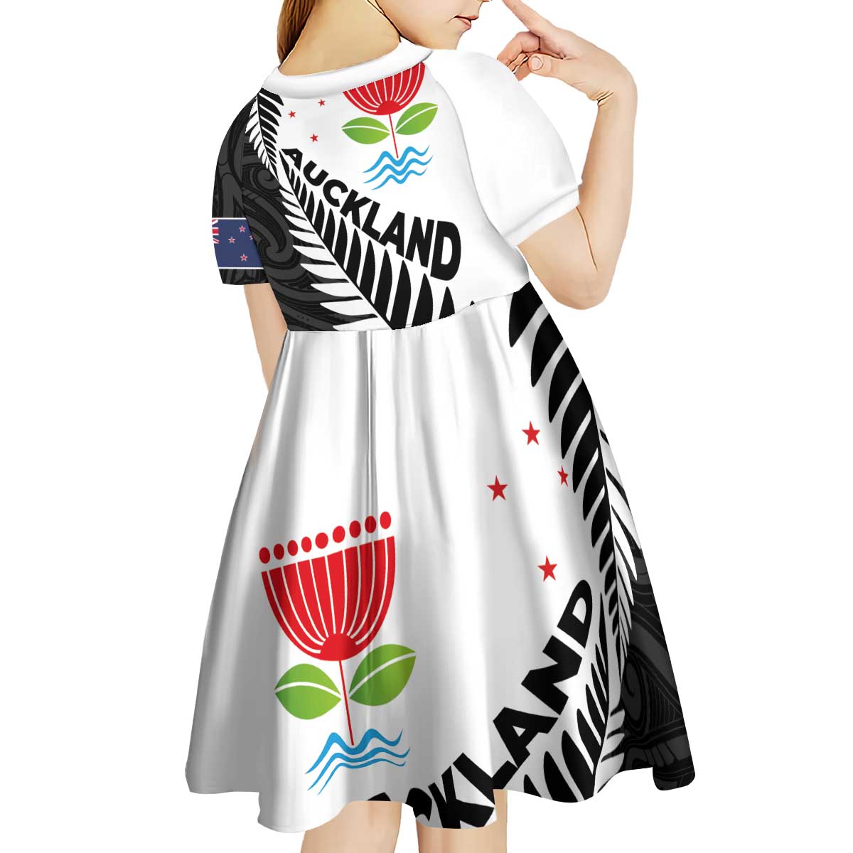 New Zealand Auckland Kid Short Sleeve Dress Auckland's Emblem and Silver Ferns - Maori Art Tattoo - Vibe Hoodie Shop