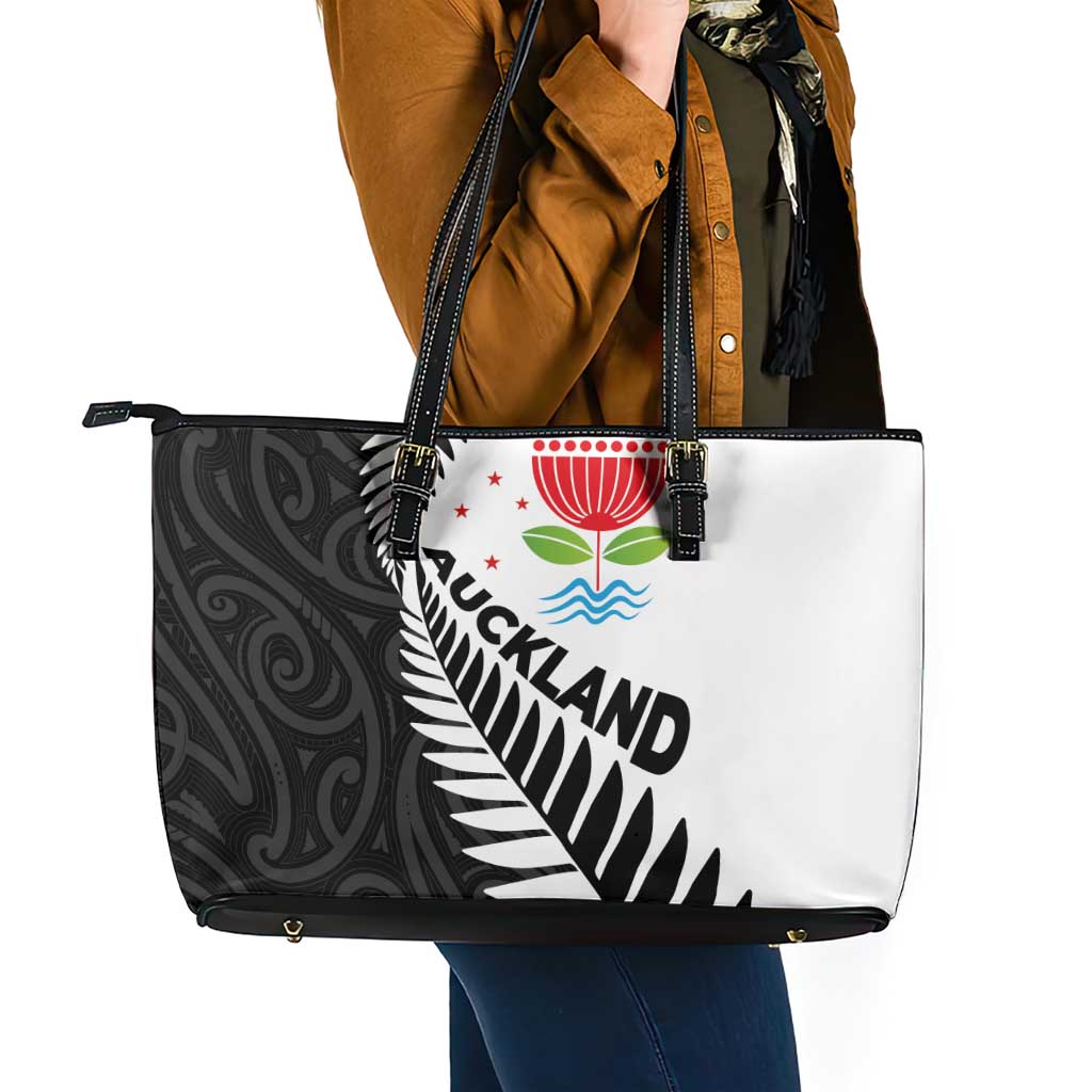 New Zealand Auckland Leather Tote Bag Auckland's Emblem and Silver Ferns - Maori Art Tattoo