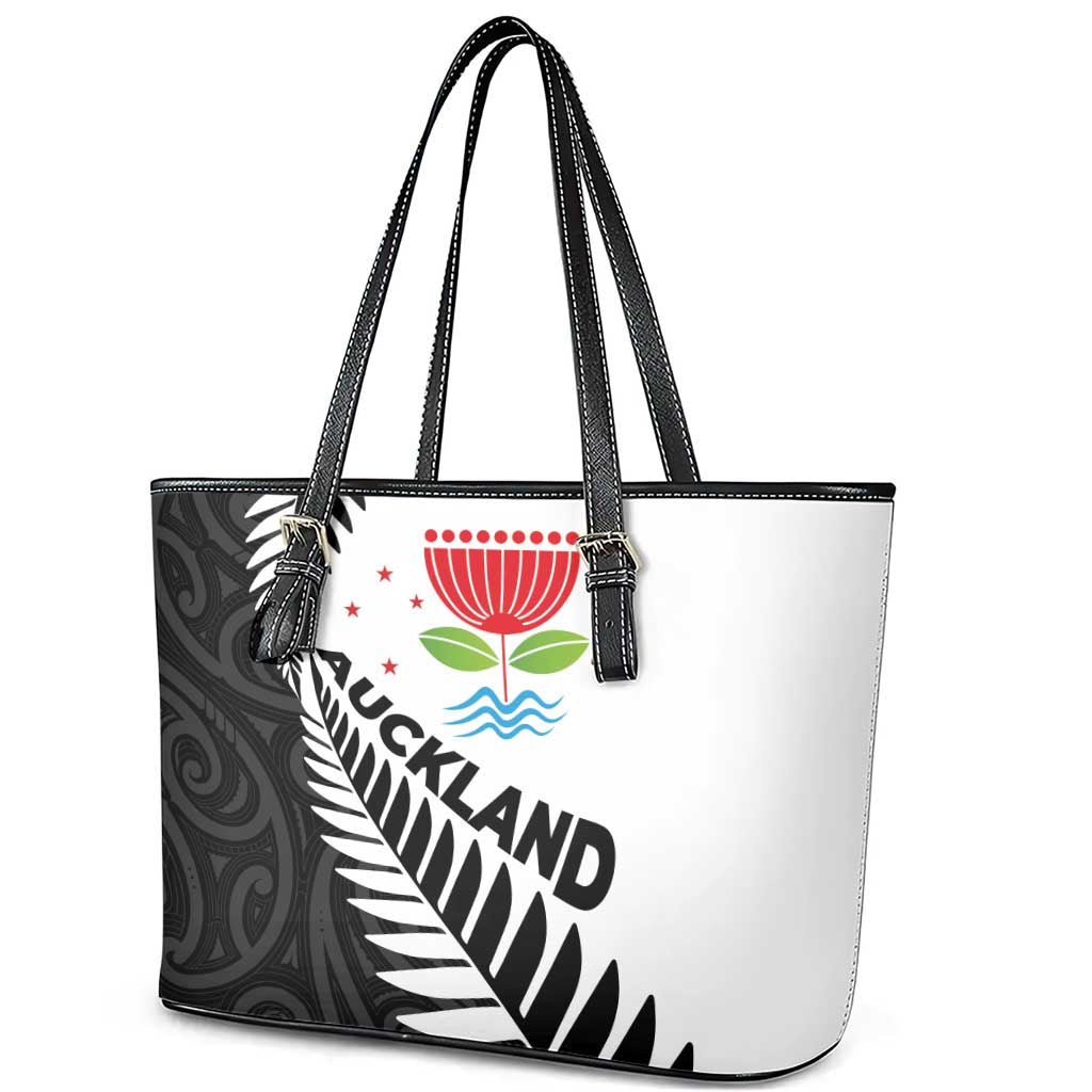 New Zealand Auckland Leather Tote Bag Auckland's Emblem and Silver Ferns - Maori Art Tattoo