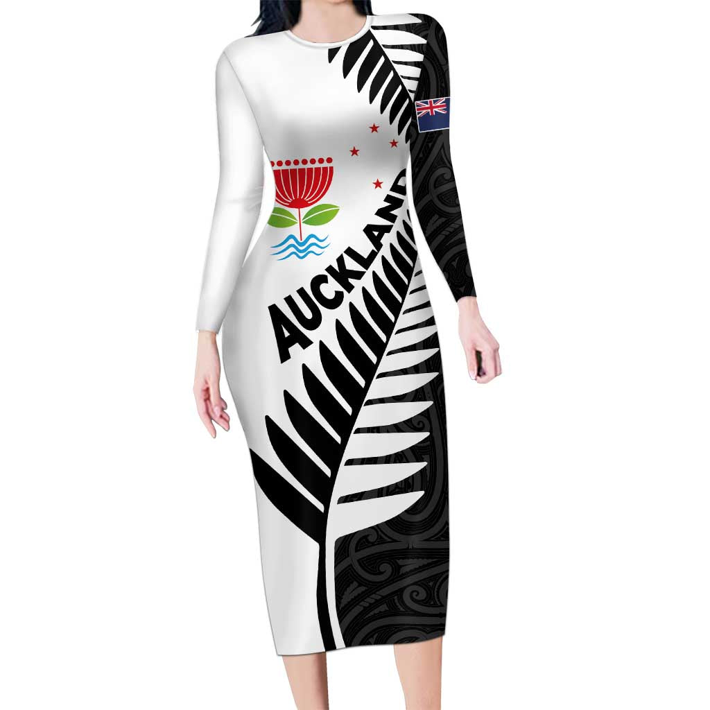 New Zealand Auckland Long Sleeve Bodycon Dress Auckland's Emblem and Silver Ferns - Maori Art Tattoo